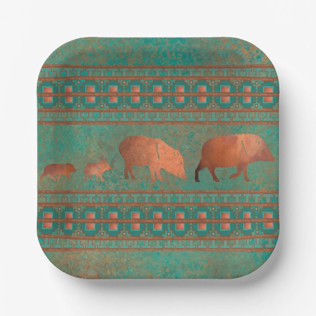 Assiettes En Carton Sud-ouest Fun Javelina Famille Cuivre Turquoise (Recto)
