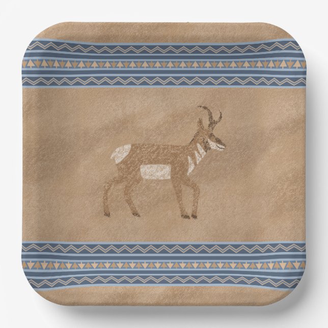 Assiettes En Carton Sud-Ouest Pronghorn Marcher Antelope Bordure Bleue (Recto)