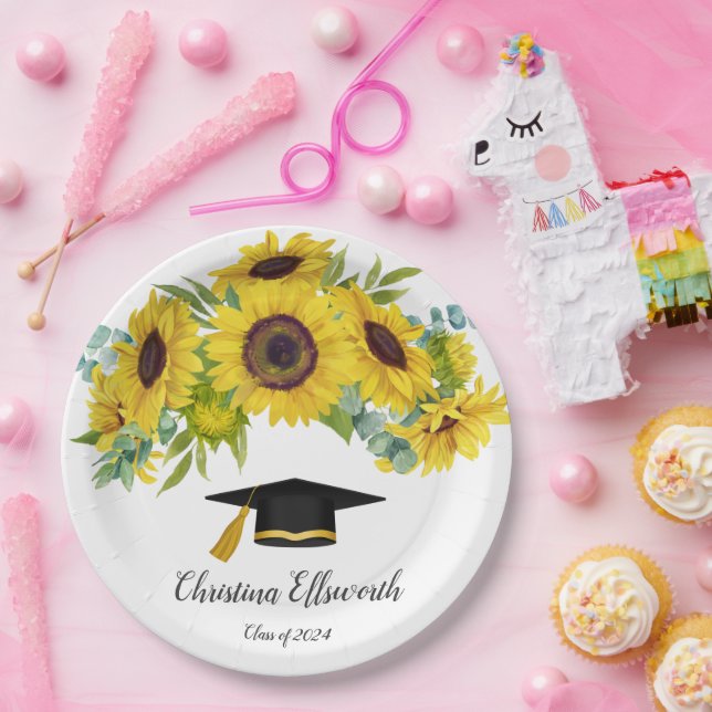 Assiettes En Carton Sunflower Class of 2024 Custom Name Graduation (Fête)