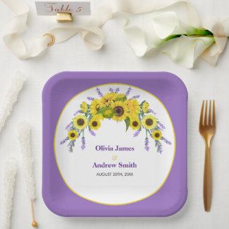 Assiettes En Carton Sunflower & Lavender Vintage Floral Purple Wedding