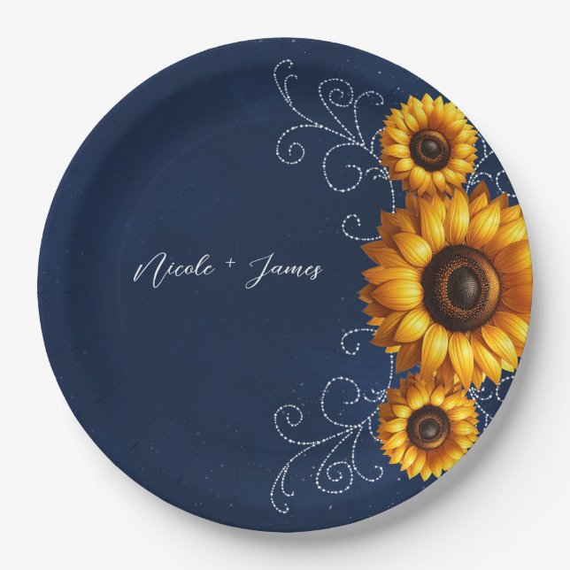 Assiettes En Carton Sunflower Sparkle Blue Rustic Glam Fête des mariée (Devant)