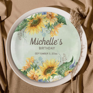 Assiettes En Carton Sunflowers Eucalyptus Feuilles Anniversaire Nom Da
