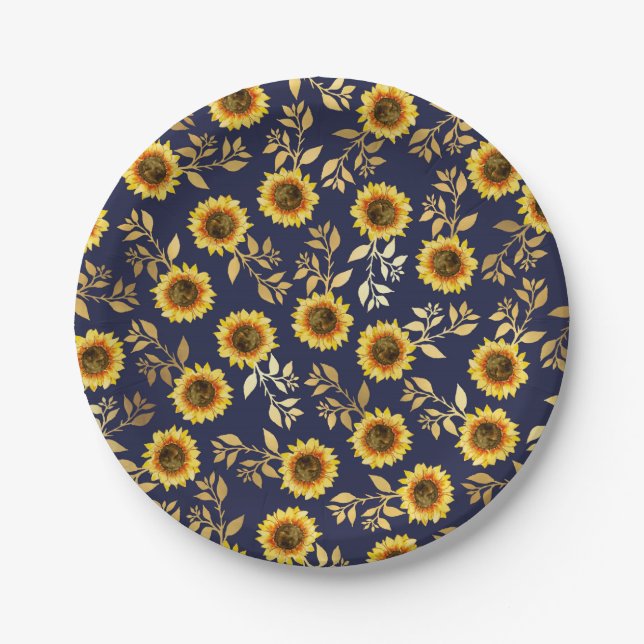Assiettes En Carton Sunny Yellow Gold Navy Feuille Motif (Devant)