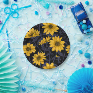 Assiettes En Carton Sunroot, tournesol sauvage en jaune et bleu