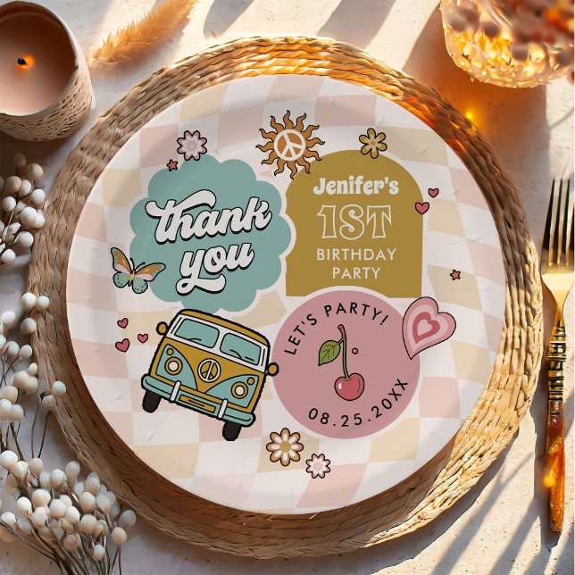 Assiettes En Carton Super Daisy Retro 1er anniversaire (Créateur téléchargé)