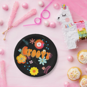 Assiettes En Carton Super Flower Power coloré noir