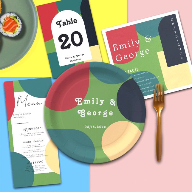 Assiettes En Carton Super moderne coloré Abstrait chic rétro Mariage (Créateur téléchargé)