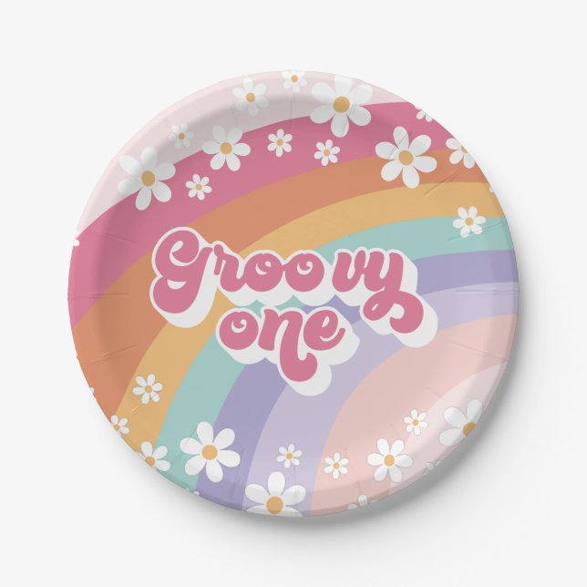 Assiettes En Carton Super One Retro Rainbow 1er anniversaire (Devant)
