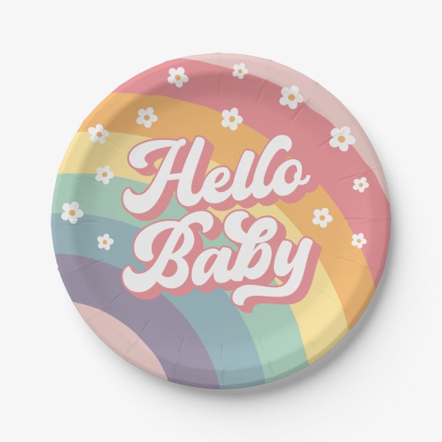 Assiettes En Carton Super Retro les années 70 Rainbow Daisy Baby showe (Devant)