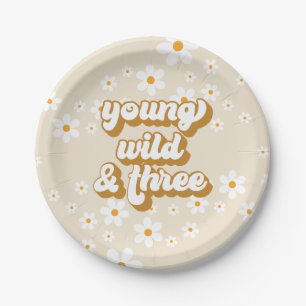 Assiettes En Carton Super Young Wild Three Retro Daisy 3e anniversaire