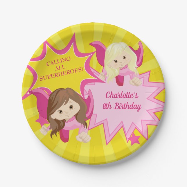 Assiettes En Carton Superhero rose mignonne Fille fête d'anniversaire (Devant)