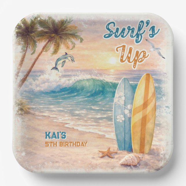 Assiettes En Carton Surf’s Up Retro Beach Birthday Party  (Recto)
