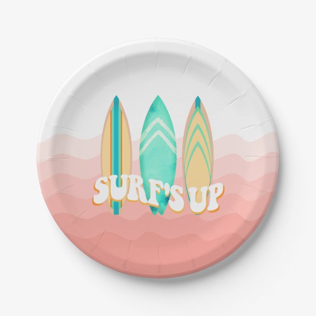 Assiettes En Carton Surfs roses vers le haut Surboard Anniversaire (Devant)