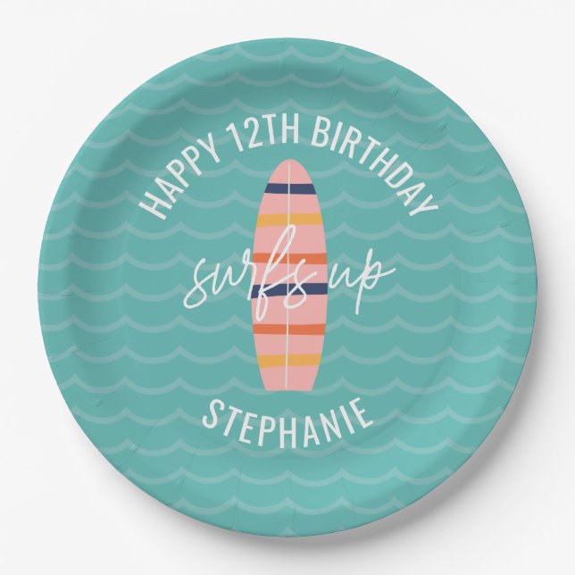 Assiettes En Carton Surfs Up Pink surboard Anniversaire (Devant)