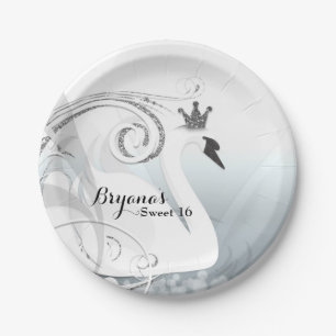 Assiettes En Carton Swan Princess Silver & White Élégante fête personn