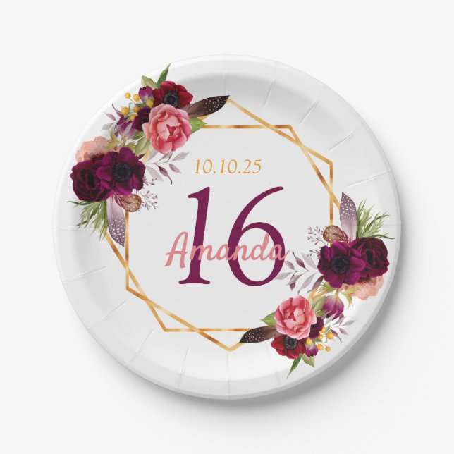 Assiettes En Carton Sweet 16 anniversaire bordeaux or floral blanc (Devant)
