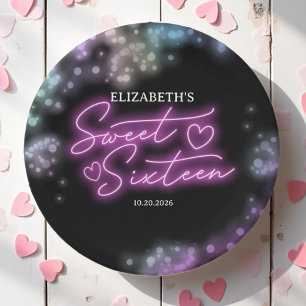 Assiettes En Carton Sweet 16 Anniversaire coloré Neon brillant Fête no