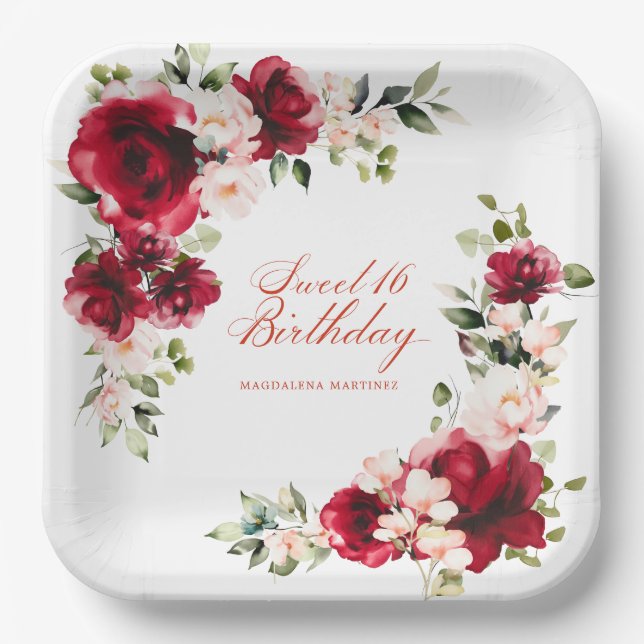 Assiettes En Carton Sweet 16 Anniversaire Fête Rouge Rose Floral Perso (Recto)