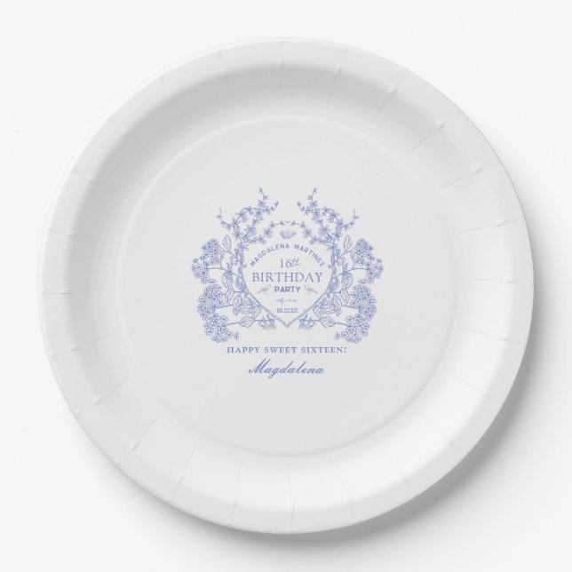 Assiettes En Carton Sweet 16 Anniversaire Français Blue Floral Crest P (Devant)