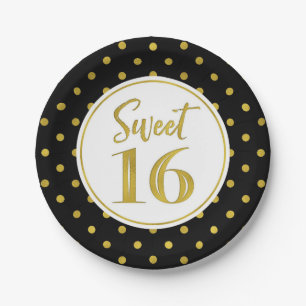 Assiettes En Carton Sweet 16 Anniversaire Noir Blanc Dots Or