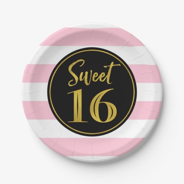 Assiettes En Carton Sweet 16 Anniversaire Soirée Rose Noir Blancs Blan (Devant)