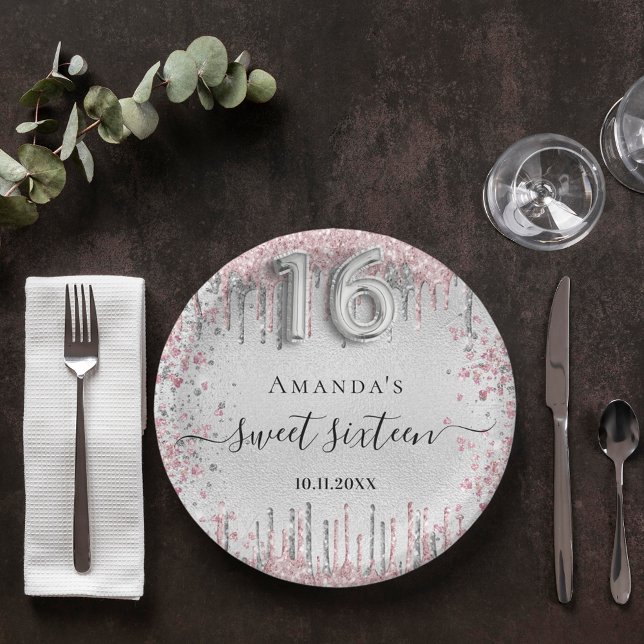 Assiettes En Carton Sweet 16 ans argent rose métal parties scintillant (Créateur téléchargé)