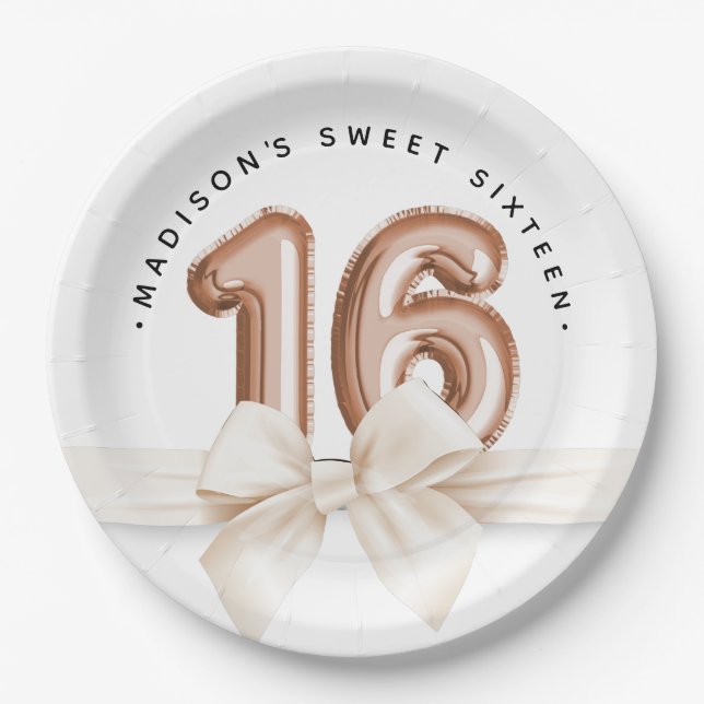 Assiettes En Carton Sweet 16 Ballons Rose d'or de luxe Anniversaire (Devant)
