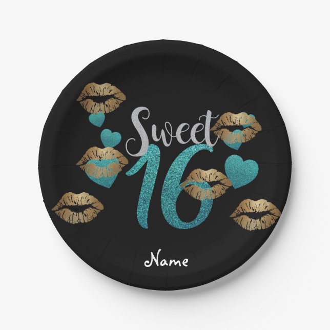 Assiettes En Carton Sweet 16 Black Turquoise Gold Parties scintillant  (Devant)