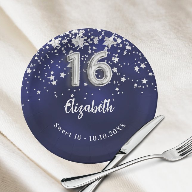 Assiettes En Carton Sweet 16 étoiles bleu marine en argent (Créateur téléchargé)