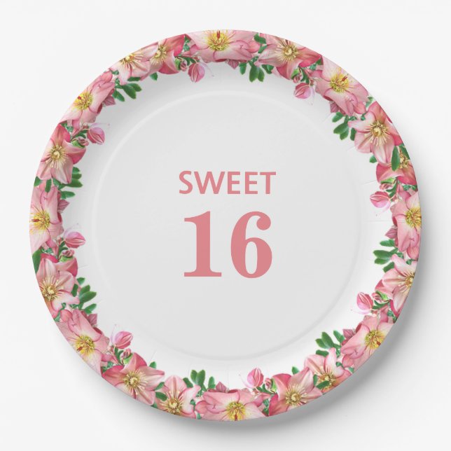 Assiettes En Carton Sweet 16 Fleur Rose Garland sur blanc (Devant)