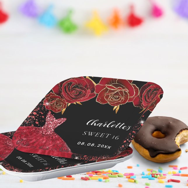 Assiettes En Carton Sweet 16 fleurs de robe rouge noire (Créateur téléchargé)