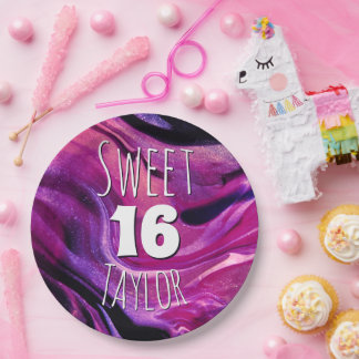 Assiettes En Carton Sweet 16 Magenta Violet Marbre Personnalisé