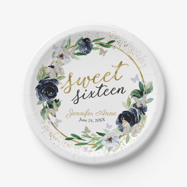 Assiettes En Carton Sweet 16 Marine Bleu papillon floral (Devant)