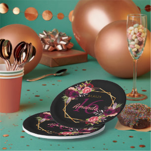 Assiettes En Carton Sweet 16 or noir fleurs bordeaux