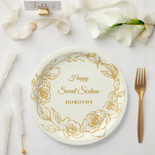 Assiettes En Carton Sweet 16 Party Luxe Gold Rose Floral Ivory