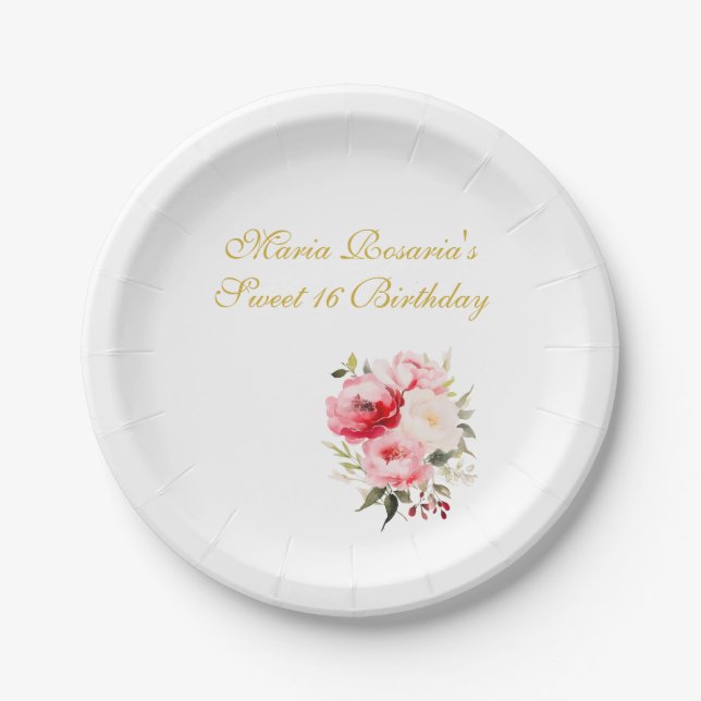 Assiettes En Carton Sweet 16 Personalized Floral Tableware (Devant)