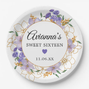 Assiettes En Carton Sweet 16 Purple Gold Floral Party