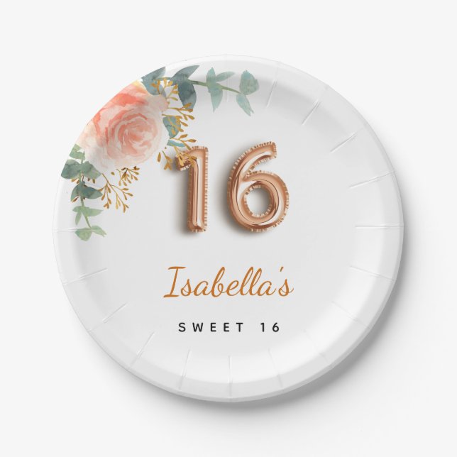 Assiettes En Carton Sweet 16 rose fleuri or eucalyptus monogramme (Devant)