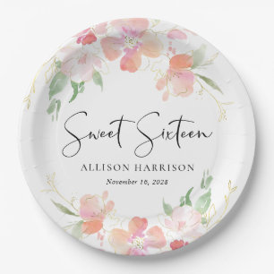 Assiettes En Carton Sweet 16 Rose Floral fête d'anniversaire