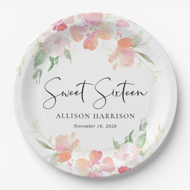 Assiettes En Carton Sweet 16 Rose Floral fête d'anniversaire (Devant)