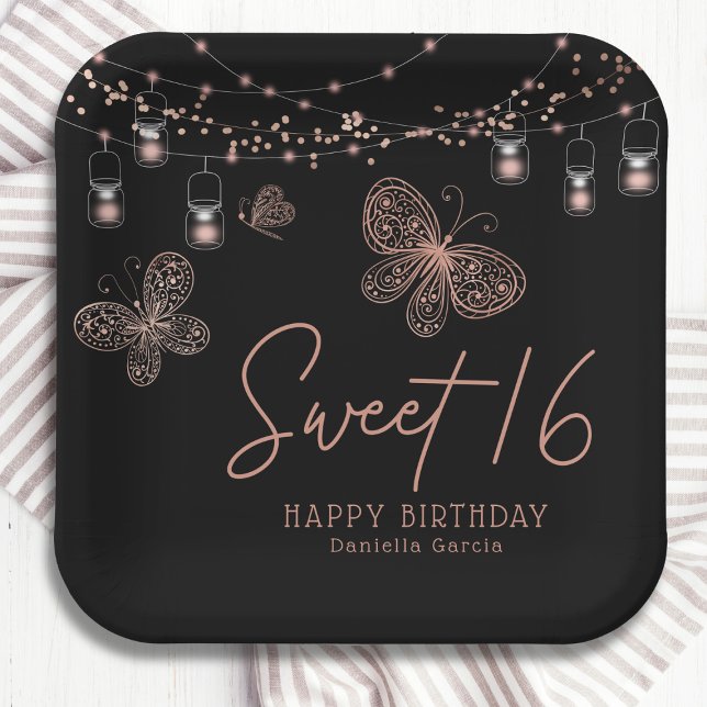 Assiettes En Carton Sweet 16 Rose Gold Butterfly Chic Moderne Annivers (Créateur téléchargé)