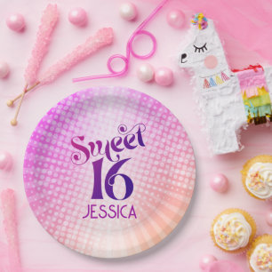 Assiettes En Carton Sweet 16 rose orange dégradé Super Retro Boho