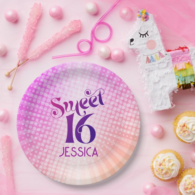 Assiettes En Carton Sweet 16 rose orange dégradé Super Retro Boho (Fête)