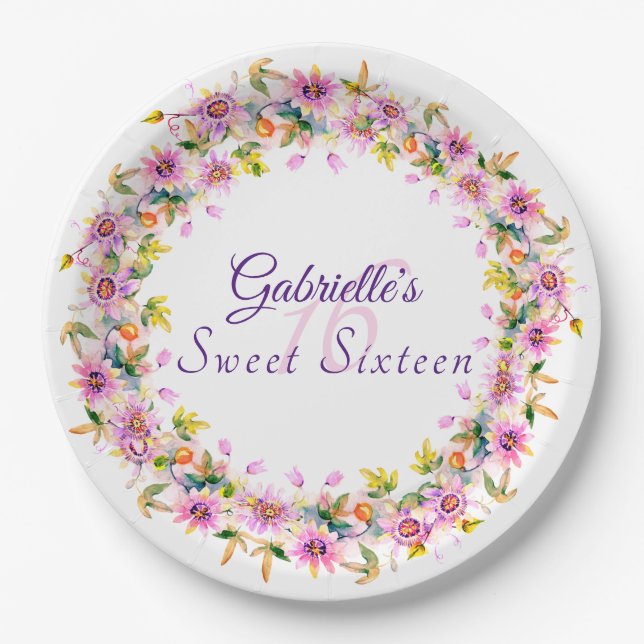 Assiettes En Carton Sweet 16 Seize Floral Anniversaire (Devant)