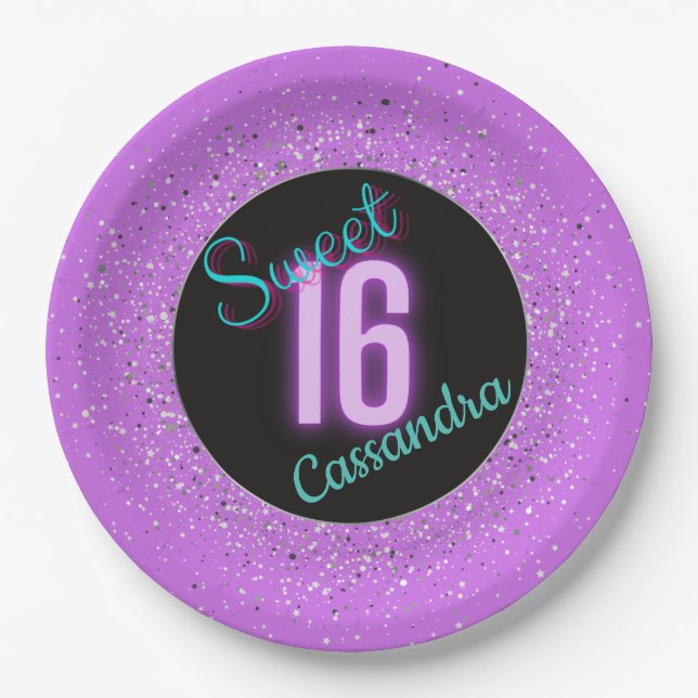 Assiettes En Carton Sweet 16 violet argenté brillance personnalisée (Devant)