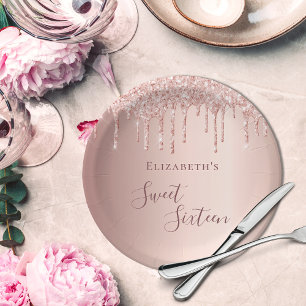 Assiettes En Carton Sweet 16e rose parties scintillant or gouttes nom 