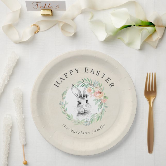 Assiettes En Carton Sweet Bunny Floral Wreath Happy Pâques (Mariage)