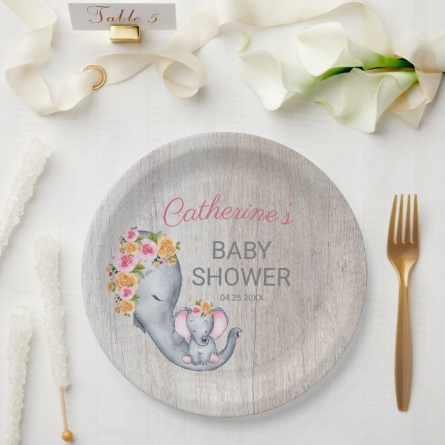 Assiettes En Carton Sweet Elephant Floral Girl Baby shower rustique (Mariage)