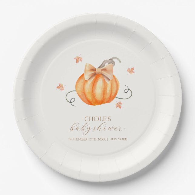 Assiettes En Carton Sweet Little Citrouille Bow Baby shower d'automne (Devant)
