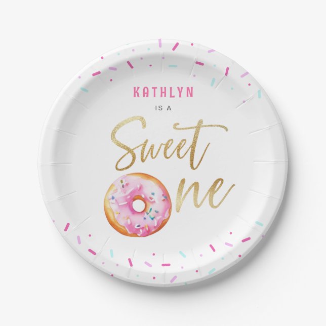 Assiettes En Carton Sweet One Rose Gold Donut Sprinkles Girl Anniversa (Devant)